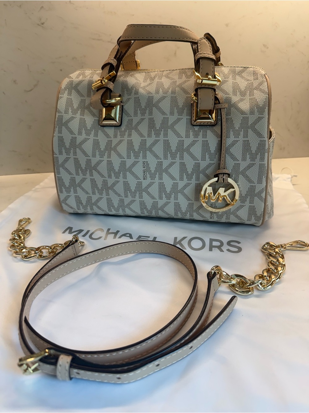 Michael Kors Beige/Light Brown MK Logo Satchel with Gold Hardware
